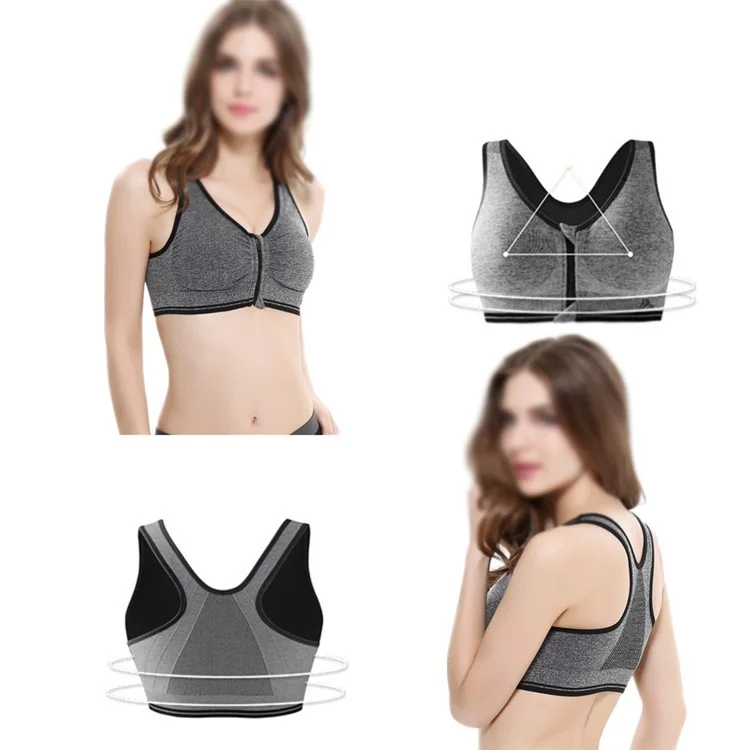 High Impact Women Padded Yoga Running Sport Bra Zip Front - Grey / L Size