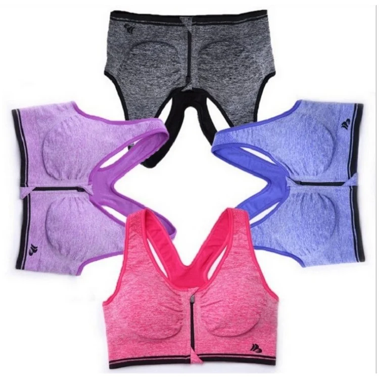 High Impact Women Padded Yoga Running Sport Bra Zip Front - Grey / L Size
