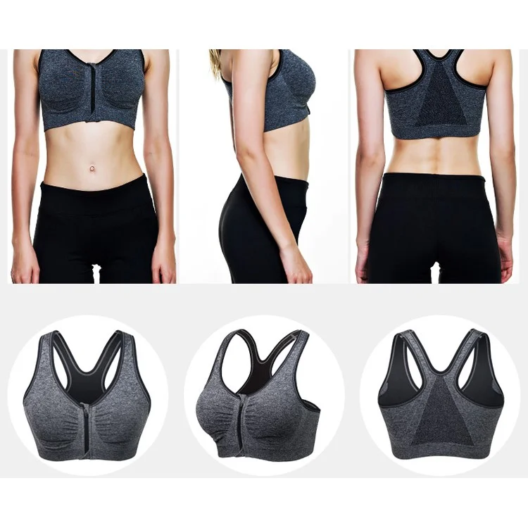 High Impact Women Padded Yoga Running Sport Bra Zip Front - Grey / L Size