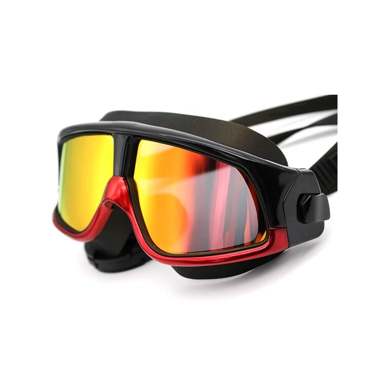 COPOZZ Anti-fog Leak-proof Swim Goggles for Adults with Super Big Mirrored Lenses - Black / Red