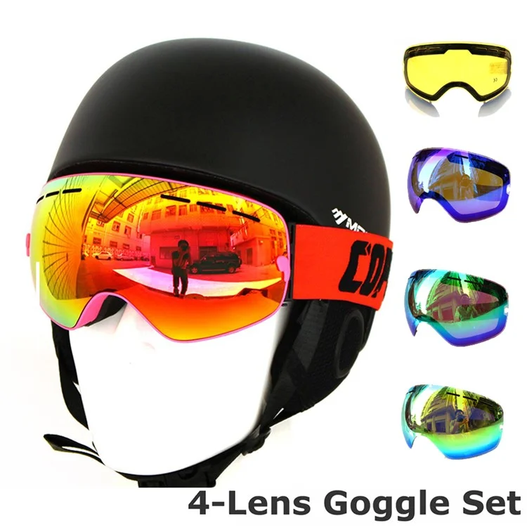 COPOZZ 4-lens Goggles Set Skate Ski Goggles Anti-Fog Double Lens Colored UV Glasses with Detachable Lens - Pink