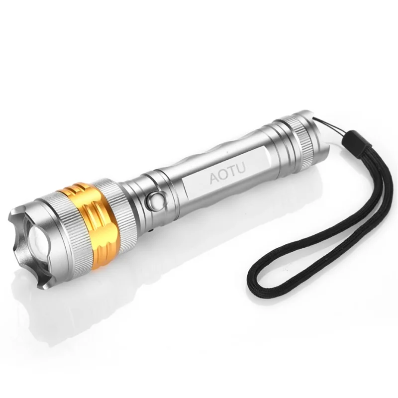 AOTU AT5514 1500 Lumens Portable Super Brightness LED Flashlight with Adjustable Focus Zoom - Silver Color