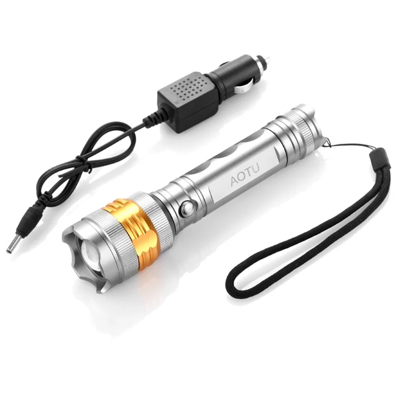 AOTU AT5514 1500 Lumens Portable Super Brightness LED Flashlight with Adjustable Focus Zoom - Silver Color
