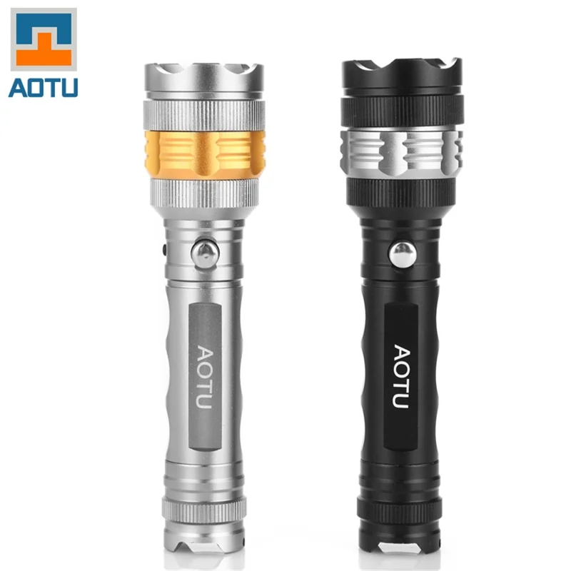 AOTU AT5514 1500 Lumens Portable Super Brightness LED Flashlight with Adjustable Focus Zoom - Silver Color