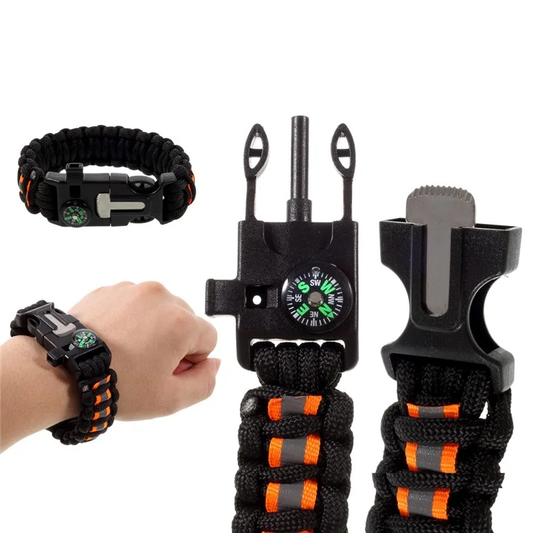 5 in 1 Outdoor Survival Paracord Bracelet Parachute Cord Fire Starter /Scraper /Compass /Whistle /Reflective Strip - Black / Orange