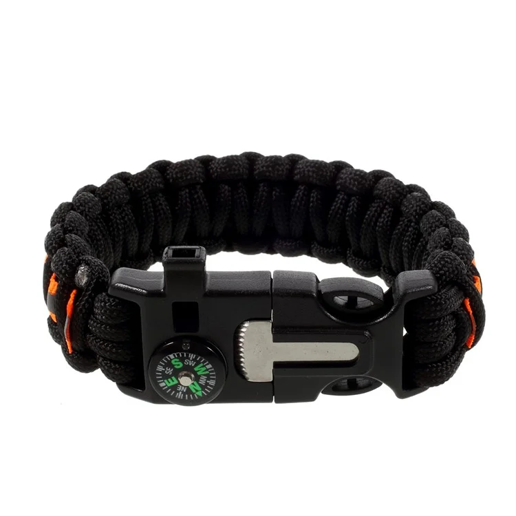 5 in 1 Outdoor Survival Paracord Bracelet Parachute Cord Fire Starter /Scraper /Compass /Whistle /Reflective Strip - Black / Orange