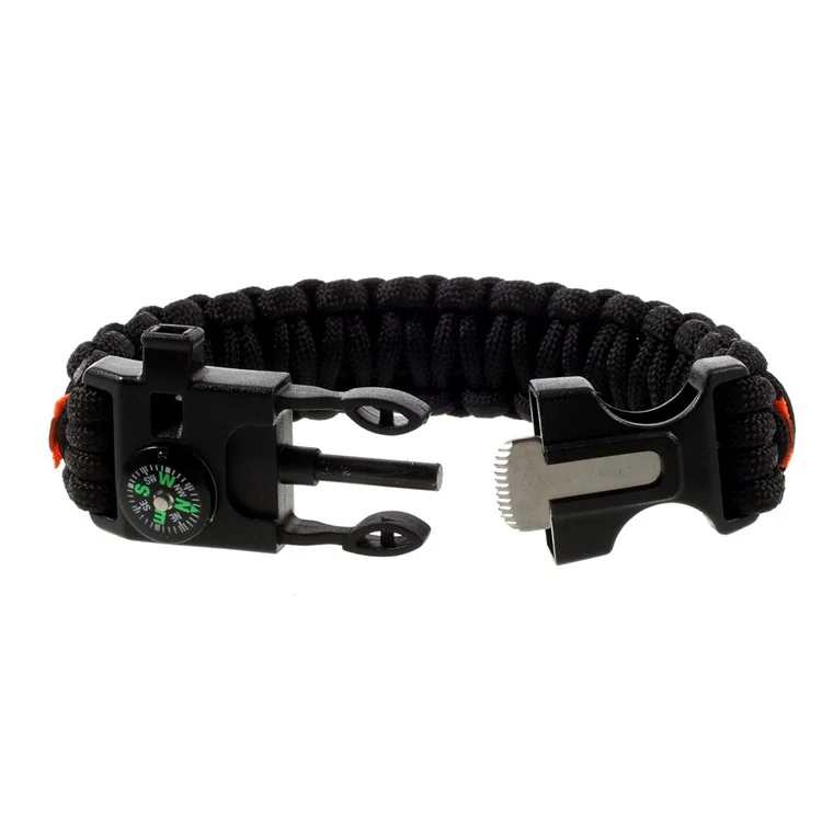 5 in 1 Outdoor Survival Paracord Bracelet Parachute Cord Fire Starter /Scraper /Compass /Whistle /Reflective Strip - Black / Orange