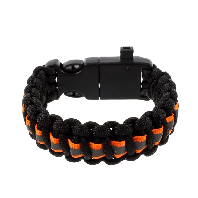 5 in 1 Outdoor Survival Paracord Bracelet Parachute Cord Fire Starter /Scraper /Compass /Whistle /Reflective Strip - Black / Orange