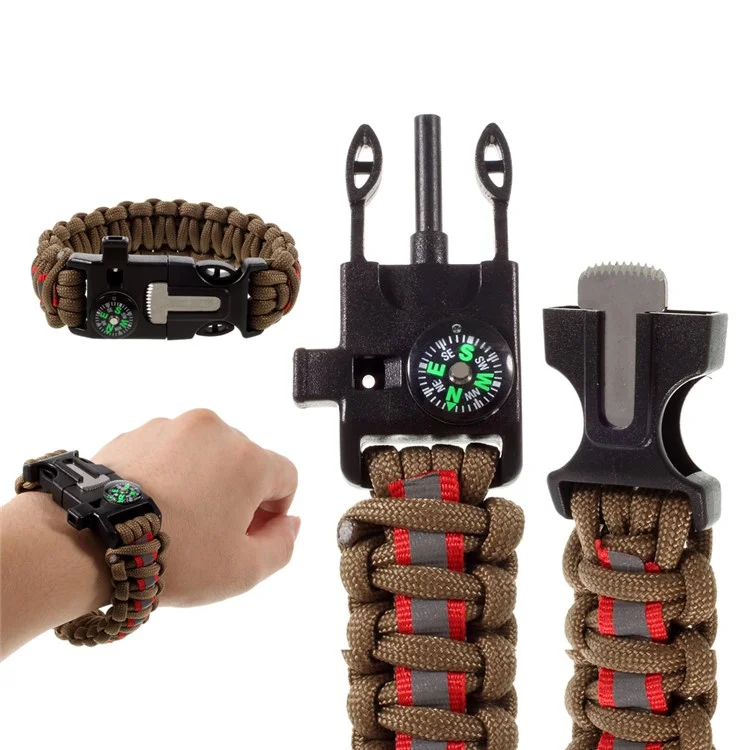 5 in 1 Outdoor Survival Paracord Bracelet Parachute Cord Fire Starter /Scraper /Compass /Whistle /Reflective Strip - Brown / Red