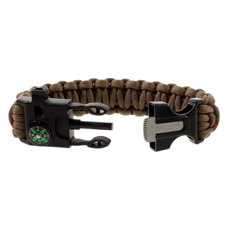 5 in 1 Outdoor Survival Paracord Bracelet Parachute Cord Fire Starter /Scraper /Compass /Whistle /Reflective Strip - Brown / Red
