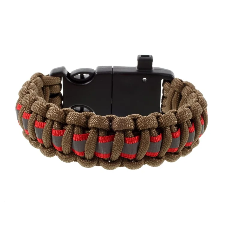 5 in 1 Outdoor Survival Paracord Bracelet Parachute Cord Fire Starter /Scraper /Compass /Whistle /Reflective Strip - Brown / Red