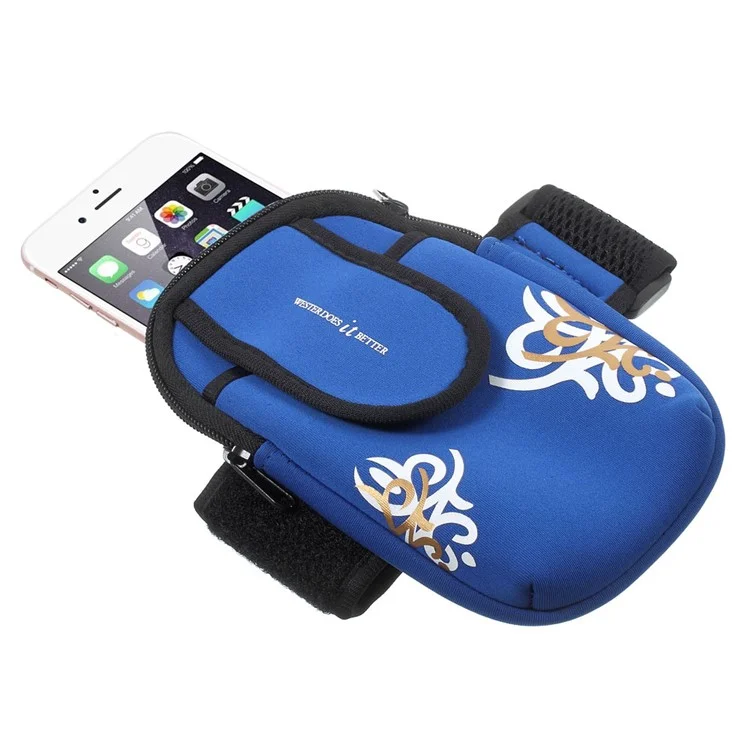 5.5-inch Neoprene Double Pockets Sport Armband Pouch Bag for iPhone 6s Plus/Samsung S7, Size: 17.5 x 11cm - Blue with Flower