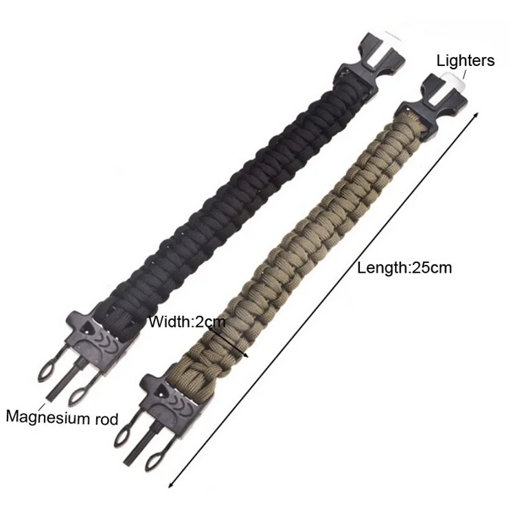 Outdoor Camping Hiking Survival Bracelet Paracord, Whistle / Flint / Fire Starter - Black