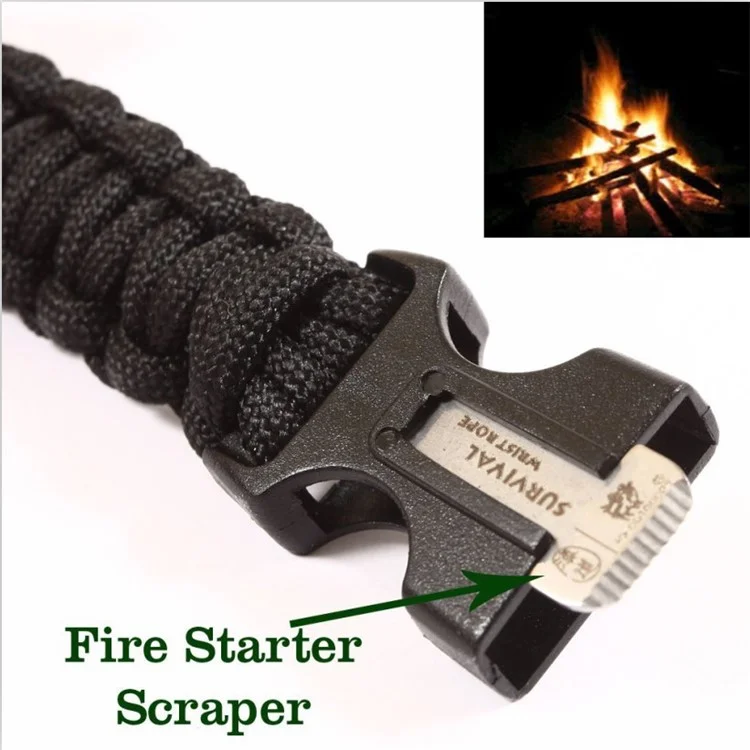 Outdoor Camping Hiking Survival Bracelet Paracord, Whistle / Flint / Fire Starter - Black