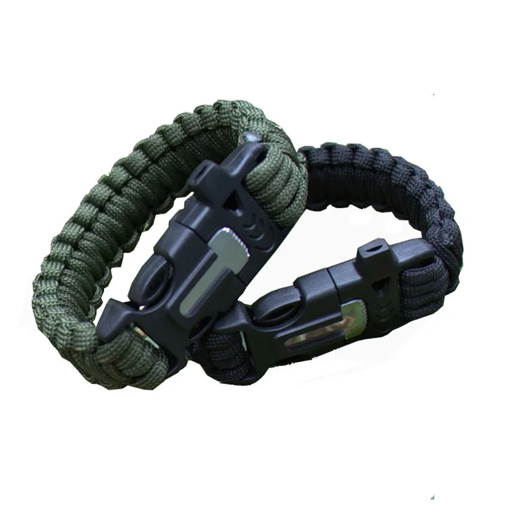 Outdoor Survival Paracord Cord Wristband, Whistle / Flint / Fire Starter - Army Green