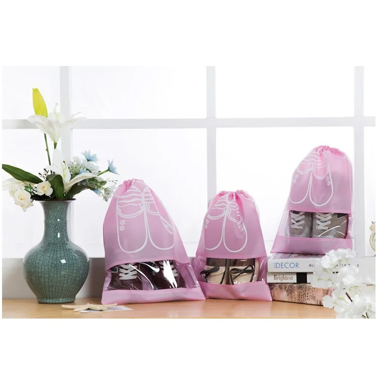 10 Pcs/Lot Dual Drawstring Non-Woven Shoe Storage Bag with Clear View Window - Pink / Size: L