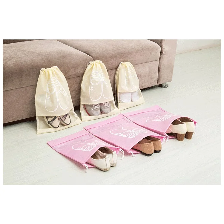 10 Pcs/Lot Dual Drawstring Non-Woven Shoe Storage Bag with Clear View Window - Pink / Size: L