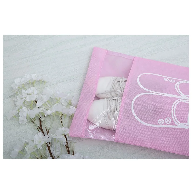 10 Pcs/Lot Dual Drawstring Non-Woven Shoe Storage Bag with Clear View Window - Pink / Size: L
