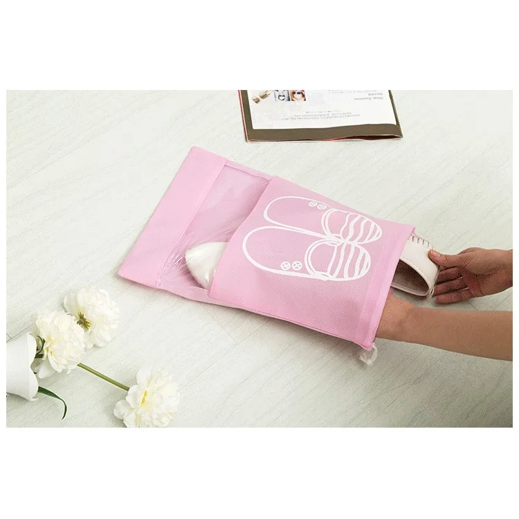 10 Pcs/Lot Dual Drawstring Non-Woven Shoe Storage Bag with Clear View Window - Pink / Size: L