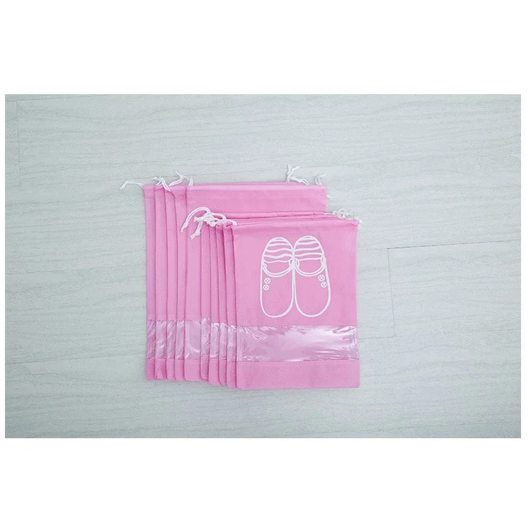 10 Pcs/Lot Dual Drawstring Non-Woven Shoe Storage Bag with Clear View Window - Pink / Size: L