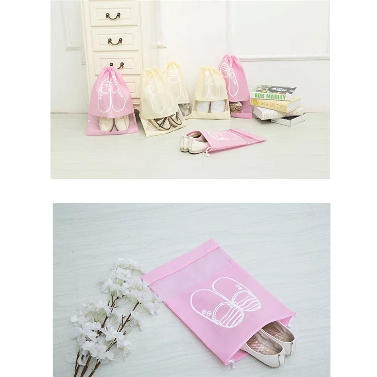 10 Pcs/Lot Dual Drawstring Non-Woven Shoe Storage Bag with Clear View Window - Pink / Size: L