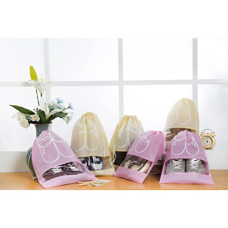 10 Pcs/Lot Dual Drawstring Non-Woven Shoe Storage Bag with Clear View Window - Pink / Size: L