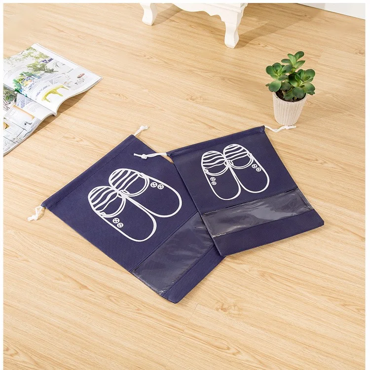 10 Pcs/Set Non-Woven Dual Drawstring Shoe Bags with Clear View Window - Dark Blue / Size: L