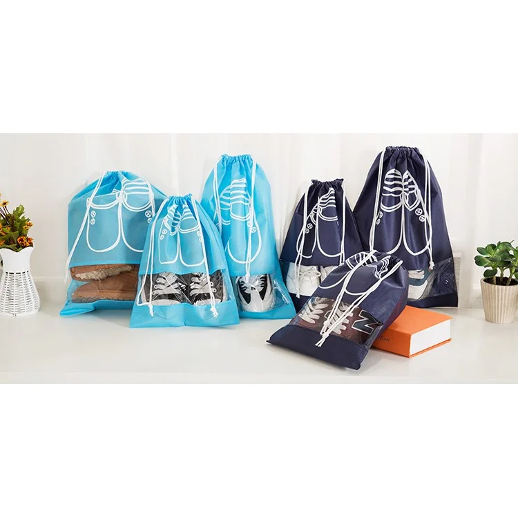 10 Pcs/Set Non-Woven Dual Drawstring Shoe Bags with Clear View Window - Dark Blue / Size: L