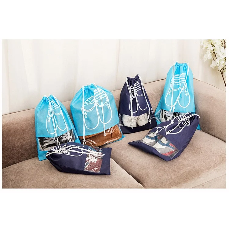 10 Pcs/Set Non-Woven Dual Drawstring Shoe Bags with Clear View Window - Dark Blue / Size: L