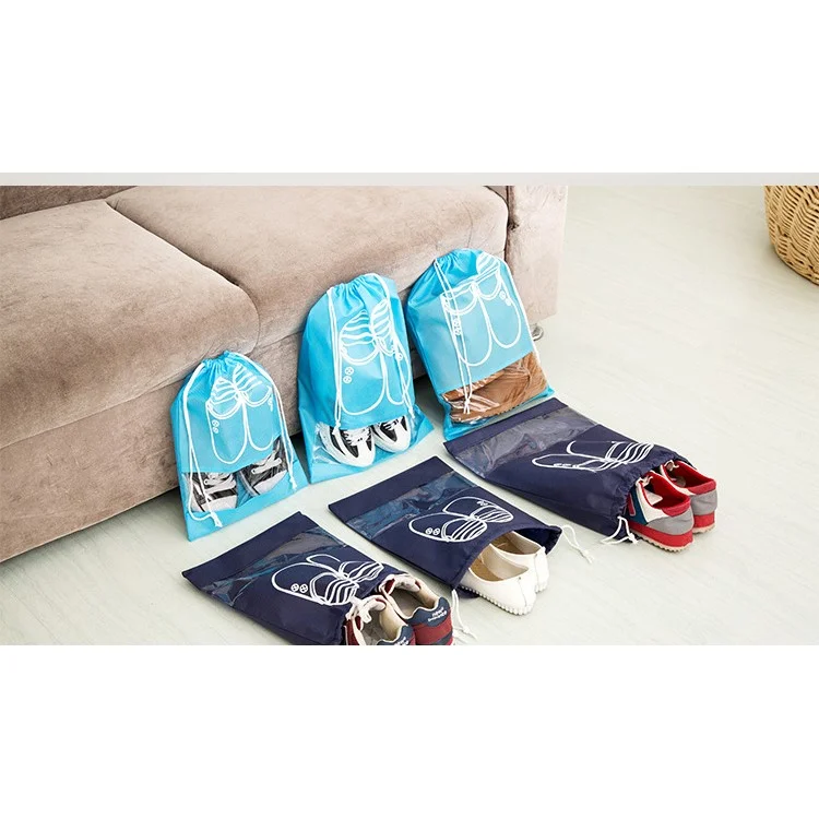 10 Pcs/Set Non-Woven Dual Drawstring Shoe Bags with Clear View Window - Dark Blue / Size: L