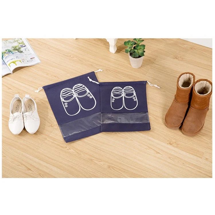 10 Pcs/Set Non-Woven Dual Drawstring Shoe Bags with Clear View Window - Dark Blue / Size: L