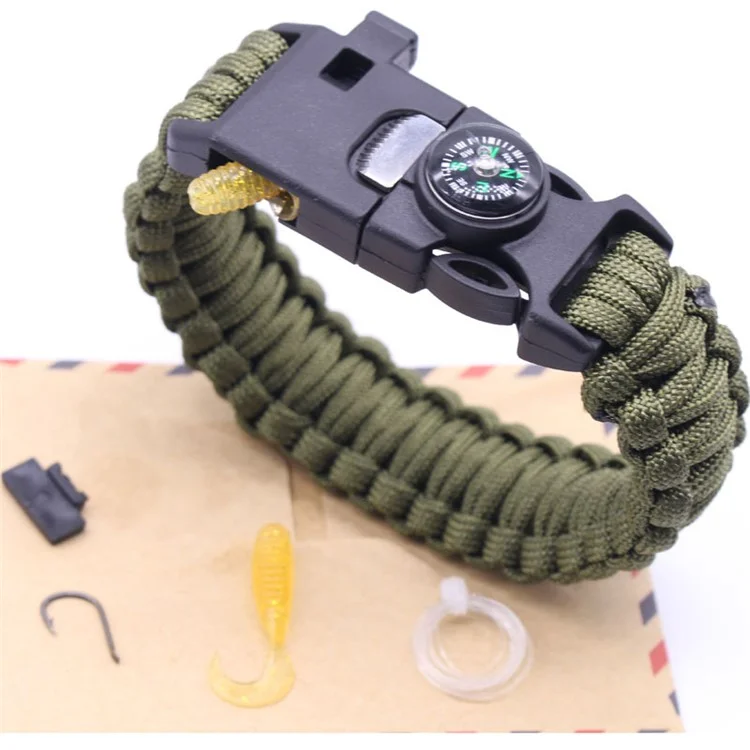 Whistle, Flintstone, Compass, Scraper, Reflective Strip Rope 5 in 1 Outdoor Survival Bracelet - Army Green