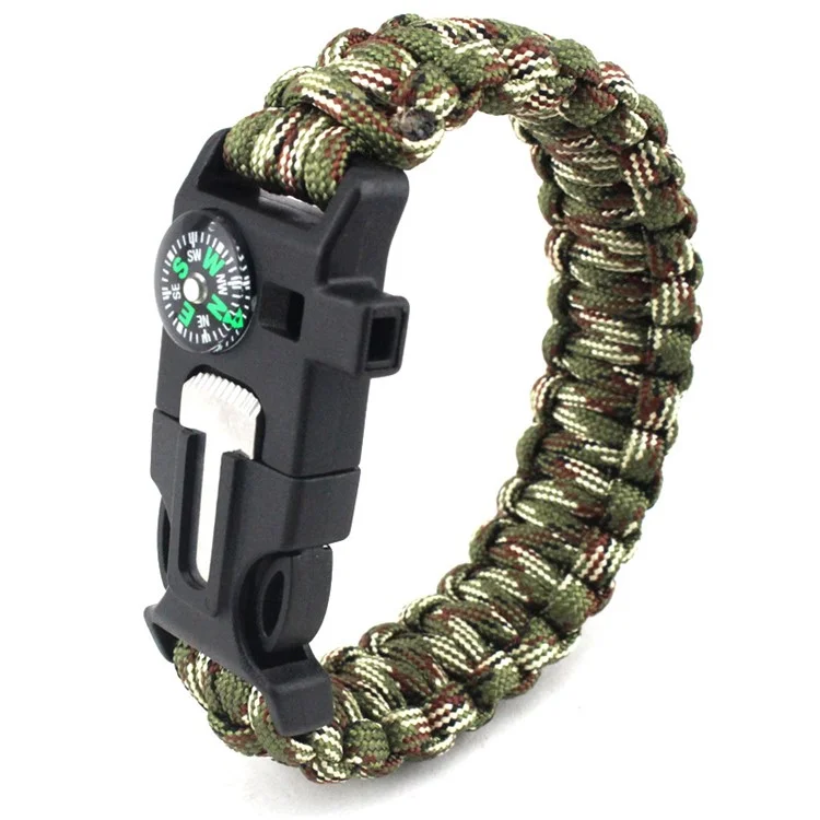 5 in 1 Outdoor Survival Parachute Cord Bracelet for Hiking Camping Emergency - Green Camouflage