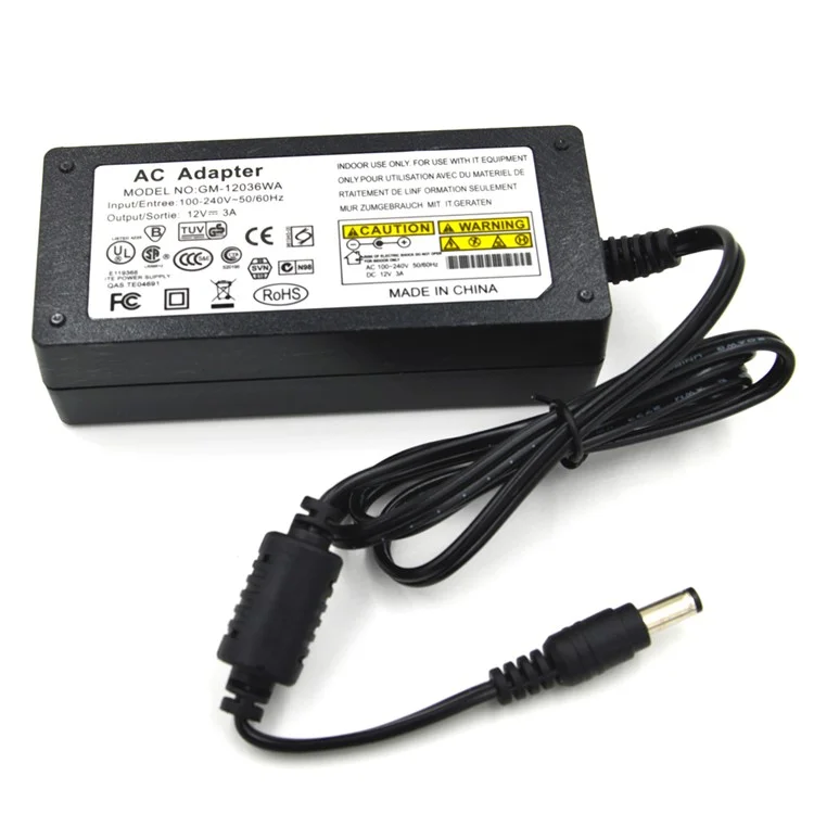 36W 12V 3A Power Adapter for LED Light Strip and CCTV Security Camera - Black (100-240V)