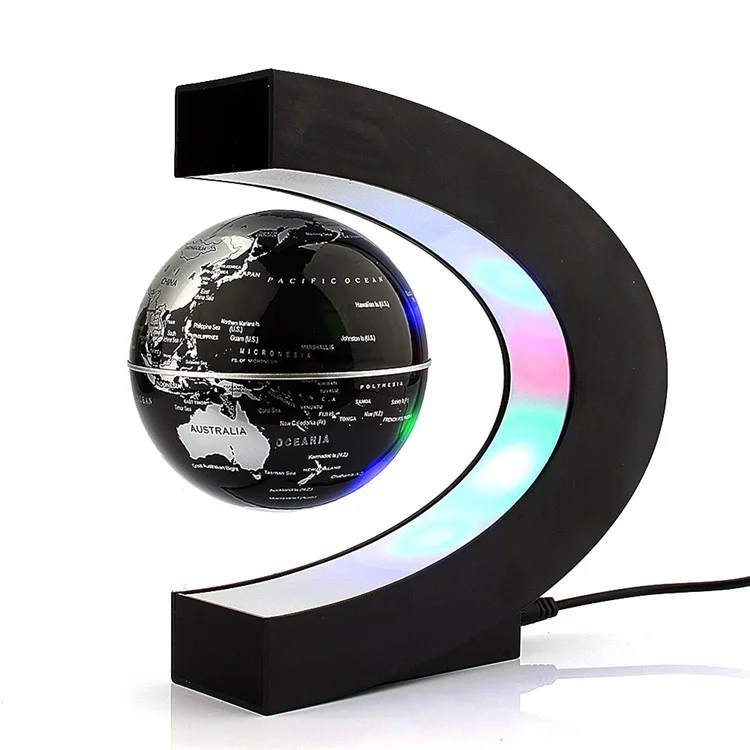 Magnetic Levitation LED Night Light C Shaped Base Floating Globe World Map Ball Desk Decoration for Home Office - Black / EU Plug