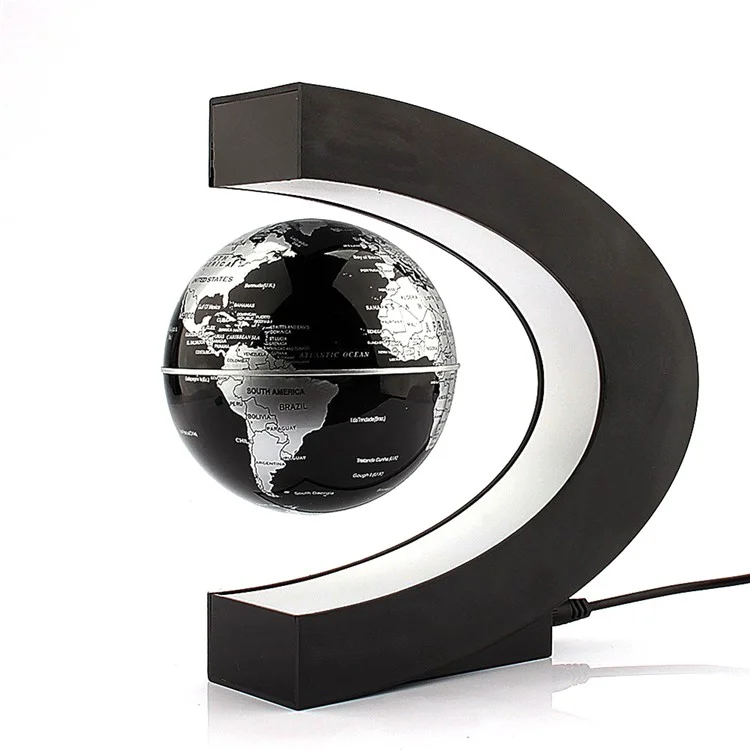 Magnetic Levitation LED Night Light C Shaped Base Floating Globe World Map Ball Desk Decoration for Home Office - Black / EU Plug