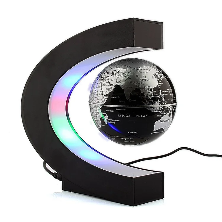 Magnetic Levitation LED Night Light C Shaped Base Floating Globe World Map Ball Desk Decoration for Home Office - Black / EU Plug