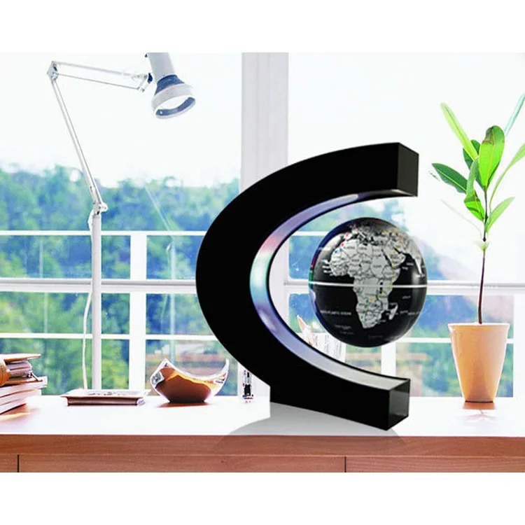 Magnetic Levitation LED Night Light C Shaped Base Floating Globe World Map Ball Desk Decoration for Home Office - Black / EU Plug