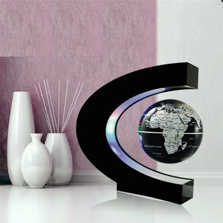 Magnetic Levitation LED Night Light C Shaped Base Floating Globe World Map Ball Desk Decoration for Home Office - Black / EU Plug