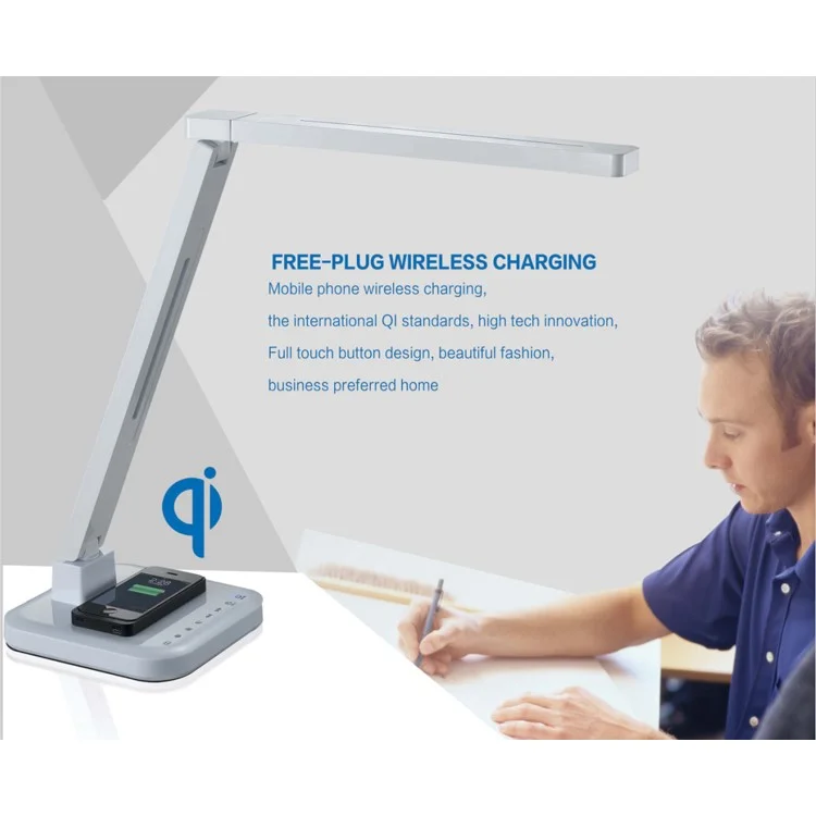 15W Adjustable LED Desk Lamp with Qi Wireless Charging Function, Four Modes 5V/2A USB Output - White / US Plug