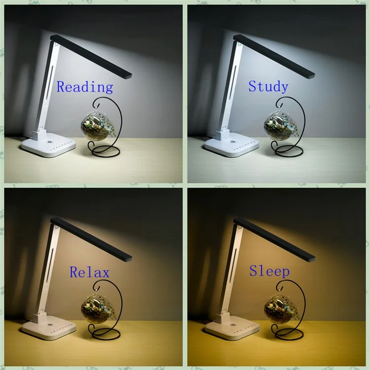 15W Adjustable LED Desk Lamp with Qi Wireless Charging Function, Four Modes 5V/2A USB Output - White / US Plug