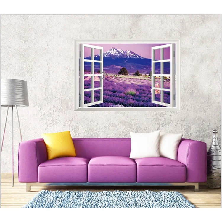 3D Window View Lavender Flowers PVC Wall Sticker Mural Wallpaper Decal Home Decoration