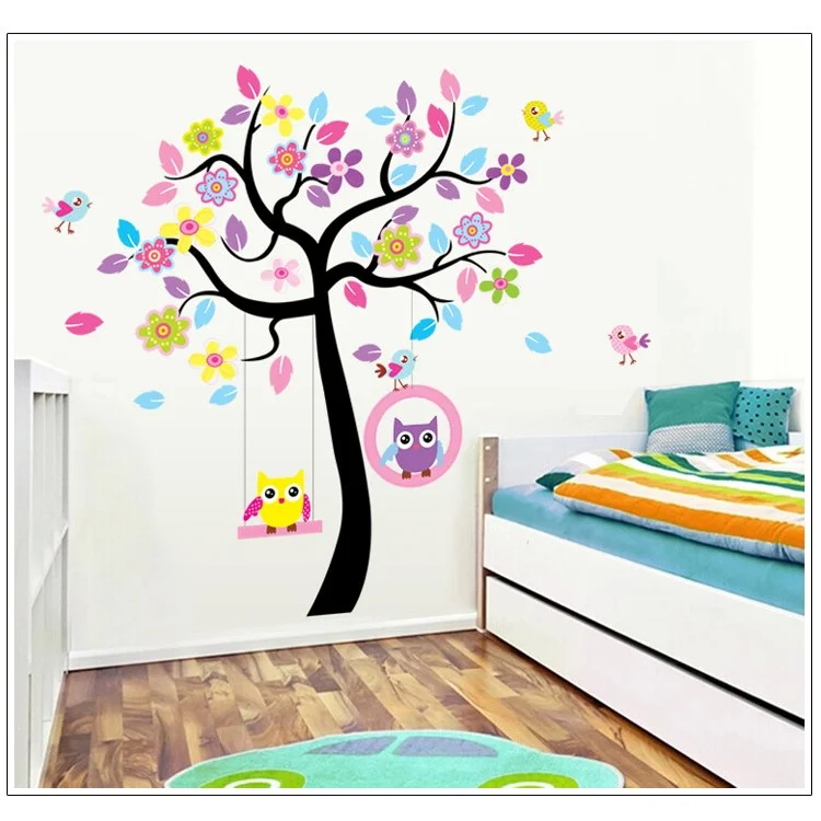 Colorful Tree and Swing Owls Removable Wall Sticker Decal Playroom Bedroom Decoration