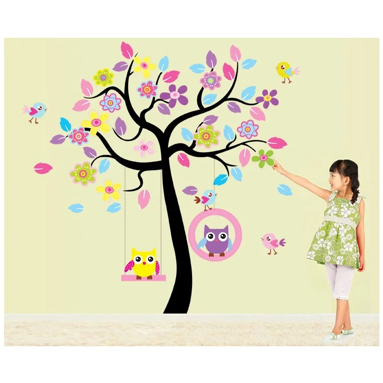 Colorful Tree and Swing Owls Removable Wall Sticker Decal Playroom Bedroom Decoration