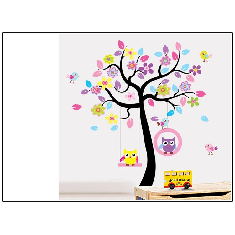 Colorful Tree and Swing Owls Removable Wall Sticker Decal Playroom Bedroom Decoration