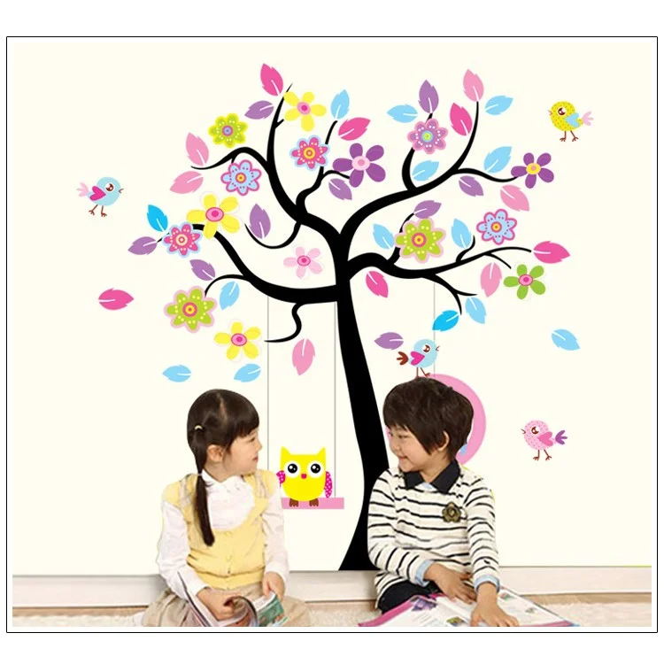 Colorful Tree and Swing Owls Removable Wall Sticker Decal Playroom Bedroom Decoration
