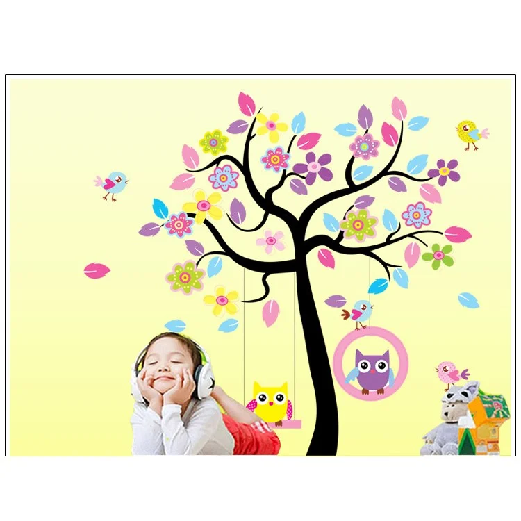 Colorful Tree and Swing Owls Removable Wall Sticker Decal Playroom Bedroom Decoration