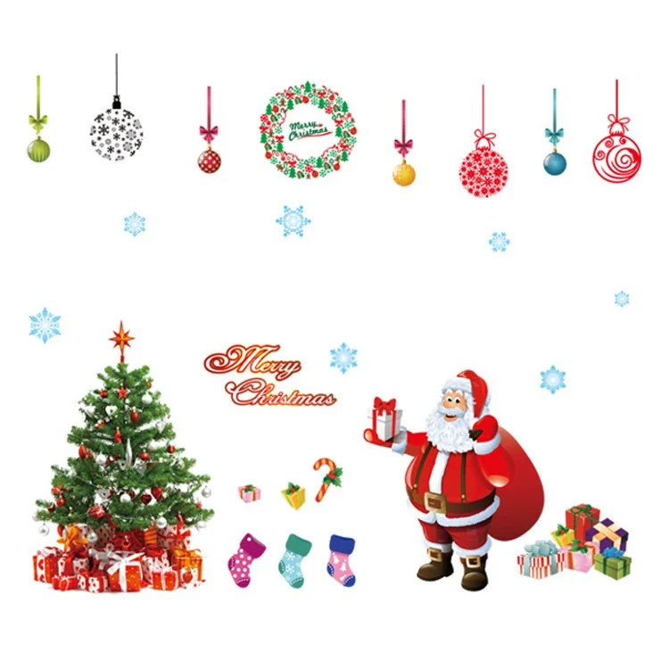 Santa Claus Christmas Tree Stockings Gifts Wall Sticker Living Room Bedroom Removable Wall Decal (2 Sheets)