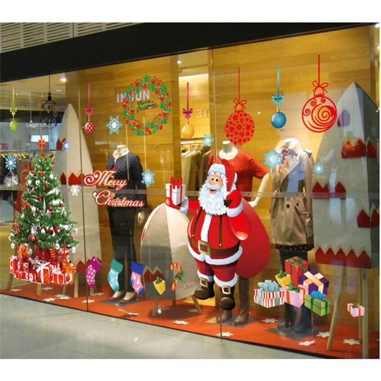 Santa Claus Christmas Tree Stockings Gifts Wall Sticker Living Room Bedroom Removable Wall Decal (2 Sheets)