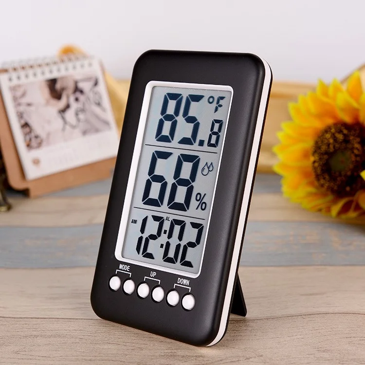 Digital LCD Display Thermometer Hygrometer Time Clock 12H/24H Alarm (CJ-3315t) - Black
